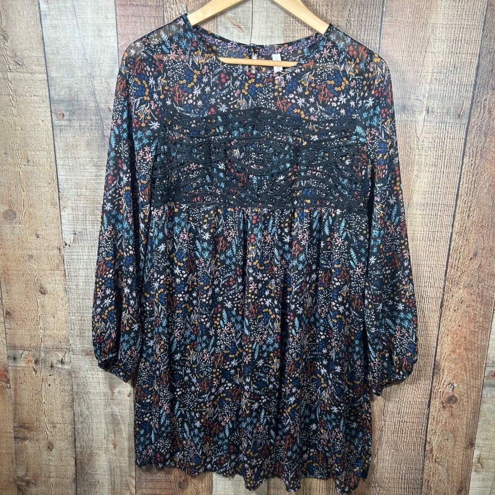 Xhilaration Black Floral Crochet Lace Sheer Sleeve Babydoll Mini Dress Women's M